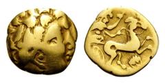 GAUL, uncertain tribe. Circa 3rd century BC. Quarter stater (Gold, 13mm, 1.78 g 11), imitation of a stater of Philip II of Macedon. Celticized head of Apollo to right. Rev. Horse galloping right, char