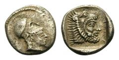 DYNASTS of LYCIA, Telmessos. Erbbina, circa 430/20-400 BC. Sixth stater (Silver, 11mm, 1.52 g 4). Head of Athena to right, wearing Corinthian helmet with crest. Rev. Head of bearded Herakles to right,