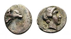 CYPRUS (?), Salamis (?). First half of the 4th century. Hemiobol (Silver, 7mm, 0.30 g 4). Ram’s head to right. Rev. Male head to right; behind, two enlaced crescents; before, Λ. SNG Copenhagen (Cyprus