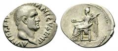 Vitellius, 69. Denarius (Silver, 20mm, 3.27 g 6), Rome, April-December 69. A VITELLIVS GERMANICVS IMP Bare head of Vitellius to right. Rev. Victory seated to left on throne, holding patera in her righ
