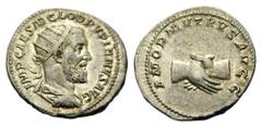 Pupienus, AD 238. Antoninianus (Silver, 22mm, 5.13 g 1), Rome. IMP CAES M CLOD PVPIENVS AVG Radiate, draped and cuirassed bust of Pupienus to right. Rev. AMOR MVTVVS AVGG Clasped right hands. Cohen 2.