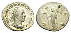 Trajan Decius, 249-251. Antoninianus (Silver, 12mm, 3.82 g 12), Rome. IMP C M Q TRAIANVS DECIVS AVG Radiate, draped and cuirassed bust of Trajan Decius to right. Rev. DACIA Dacia, wearing long robes, 