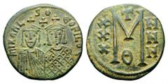 Michael II the Amorian, with Theophilus, 820-829. Follis (Copper, 29mm, 7.68 g 6), Constantinople, 821-829. ΜΙΧΑΗL S Θ ϵΟFΙLΟS Two facing busts; on the left, Michael, bearded and wearing chlamys and c