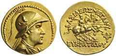 GREEK COINS Baktria Greco-Baktrian Kingdom. Eukratides I, c. 170-145 BC. Stater (Gold, 20mm, 8.52g 12), c. later 160s. Diademed and draped bust of Eukratides to right, wearing Macedonian helmet adorne