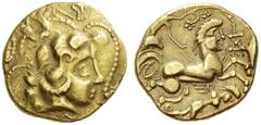 CELTIC, Northwest Gaul. Andecavi . 2nd century BC. Stater (Base gold, 19.5mm, 7.23 g 2). Celticized head of Apollo to right, with strings of pearls ending in miniature human heads coming out of his ow