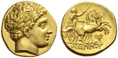 KINGS of MACEDON. Philip II, 359-336 BC. Stater (Gold, 18mm, 8.61 g 6), struck under Philip III, Pella, 323-315. Laureate head of Apollo to right. Rev. ΦΙΛΙΠΠΟΥ Charioteer driving chariot drawn by two