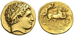 KINGS of MACEDON. Philip II, 359-336 BC. Stater (Gold, 19mm, 8.53 g 6), Abydos, struck under Philip III, 323-317, probably prior to 319. Laureate head of Apollo to right. Rev. ΦΙΛΙΠΠΟΥ Charioteer driv