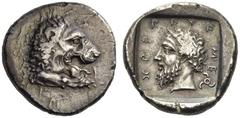 DYNASTS of LYCIA. Mithrapata, circa 390-370 BC. Stater (Silver, 23mm, 9.90 g 2), Antiphellus, c. 380-375. Forepart of lion with open jaws to right. Rev. Methrapata (in Lycian script). Bearded head of 