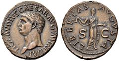 Claudius, 41-54. As (Copper, 29mm, 11.24 g 6), Rome, 41-42. TI CLAVDIVS CAESAR AVG P M TR P IMP Bare head of Claudius to left. Rev. LIBERTAS AVGVSTA / S - C Libertas standing facing, her head turned t