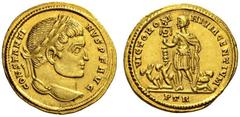 Constantine I, 307/310-337. Solidus (Gold, 19mm, 4.36 g 6), Trier, 313-315. CONSTANTI-NVS P F AVG Laureate head of Constantine I to right. Rev. VICTOR OM-NIVM GENTIVM / PTR Emperor standing facing, in