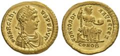 Arcadius, 383-408. Solidus (Gold, 21mm, 4.50 g 1), Constantinople, 7th officina, c. mid 380s - 387, or in the early 390s. D N ARCADI - VS P F AVG Pearl-diademed, draped and cuirassed bust of Arcadius 