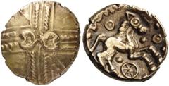 CELTIC BRITAIN, Catuvellauni. Addedomaros, c. 45-25 BC. Stater (Gold, 18mm, 5.58 g). Crossed wreaths with two crescents back to back at the center. Rev. [AĐĐIIDOM] Horse to right; below, wheel; above 
