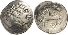 CELTIC, Central Europe. Helvetii . 2nd century BC. Scyphate stater (Electrum, 23mm, 7.03 g 2). Laureate head of Apllo to right, in Celtic style with curly locks. Rev. Charioteer driving devolved biga 