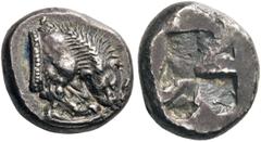 LUCANIA, Velia. Circa 535-510 BC. Drachm (Silver, 13mm, 3.89 g). Forepart of lion to right, devouring leg of stag. Rev. Incuse square. Dewing 451. HN III 1259. Williams 13b (O9/R6, this coin illustrat