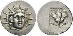 ISLANDS off CARIA, Rhodos. Rhodes . Circa 125-88 BC. Hemidrachm (Silver, 14mm, 1.18 g 12), Peritas. Radiate head of Helios, three-quarter facing to right. Rev. E ( sic! ) - Ο ΠΕΡΙΤΑΣ Rose with bud to 