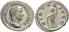 Gordian II, 238. Denarius (Silver, 20mm, 2.70 g 7), Rome. IMP M ANT GORDIANVS AFR AVG Laureate, draped and cuirassed bust of Gordian II to right. Rev. VIRTVS AVGG Virtus standing left, holding shield 