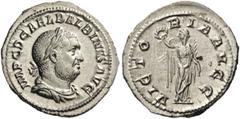Balbinus, 238. Denarius (Silver, 20mm, 2.92 g 6), Rome. IMP C D CAEL BALBINVS AVG Laureate, draped and cuirassed bust of Balbinus to right. Rev. VICTORIA AVGG Victory standing left, holding laurel wre
