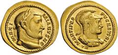 Galerius, as Caesar, 293-305. Aureus (Gold, 21mm, 5.13 g 6), Treveri, 302-305. MAXI - MIANVS N C Laureate head of Galerius to right. Rev. MARTI PRO - PVGNATORI / TR Helmeted and cuirassed bust of Mars