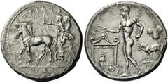GREEK COINS SICILY Selinos. Circa 455-409 BC. Tetradrachm (Silver, 28mm, 17.11 g 5). ΣΕΛΙΝΟΝΤΙΟΣ ( retrograde ) Apollo and Artemis standing left in a quadriga moving slowly to left; Artemis holding th