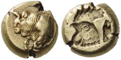 GREEK COINS LESBOS Mytilene. Circa 521-478 BC. Hekte (Electrum, 10mm, 2.51 g 10). Forepart of a bull to left. Rev. Rooster’s head to left, incuse; behind, irregular incuse. Bodenstedt 3 ( same dies ).