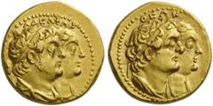 GREEK COINS EGYPT Ptolemy II Philadelphos, with Arsinöe II, Ptolemy I, and Berenike I, 285-246 BC. Didrachm, or Quarter Mnaieia (Gold, 16mm, 6.95 g 12), Alexandria, after 265. ΑΔΕΛΦΩΝ Jugate busts of 