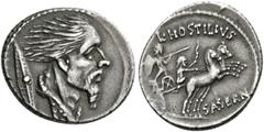 ROMAN COINS L. Hostilius Saserna. Denarius (Silver, 20mm, 3.84 g 1), Rome, 48 BC. Bearded male head to right, his hair straggling out behind him; cloak around neck and Gallic shield behind. Rev. L.HOS