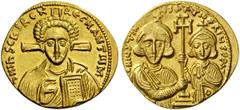 BYZANTINE AND EARLY MEDIEVAL COINS Justinian II, second reign, 705-711, with Tiberius. Solidus (Gold, 20mm, 4.53 g 6), Constantinople, 705-711. d N IhS ChS REX REGNANTIЧM Bust of Christ facing, with s
