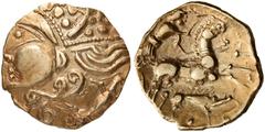 CELTIC COINS GAUL, Northwest. The Aulerci Eburovices. Hemistater (Gold, 17mm, 3.43 g 10). Highly stylized, Celtic 'deconstructed' head of Apollo to left, with a 'diadem' formed of large, connected glo