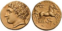 GREEK COINS SICILY, Syracuse. Agathokles, 317-289 BC. Dekadrachm (Gold, 15mm, 4.31 g 10), c. 317-310. Laureate head of Apollo to right; behind, ear of barley. Rev. ΣΥΡΑΚΟΣΙΩΝ Charioteer, holding reins