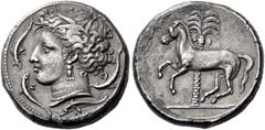 GREEK COINS CARTHAGE, Unlocated Punic mint. Circa 320/315-305/300 BC. Tetra­drachm (Silver, 25mm, 17.34 g 10), Lilybaion or Entella (?). Head of Tanit-Persephone to left, wearing wreath of corn leaves