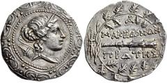 GREEK COINS MACEDON, (Roman Protectorate), Republican period. First Meris. Circa 167-149 BC. Tetradrachm (Silver, 32mm, 16.79 g 9), Amphipolis. Diademed and draped bust of Artemis to right, bow and qu