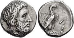 GREEK COINS ELIS, Olympia. 108th Olympiad, 348 BC. Stater (Silver, 22mm, 12.21 g 6). Laureate head of Zeus to right. Rev. F - Α Eagle, with wings folded, standing right on Ionic column capital; in fie