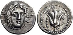 GREEK COINS ISLANDS off CARIA, Rhodos. Rhodes. Circa 250-229 BC. Didrachm (Silver, 20mm, 6.58 g 12), Mnasimachos. Radiate head of Helios facing, turned slightly to the right. Rev. ΜΝΑΣΙΜΑΧΟΣ Rose with