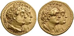 GREEK COINS PTOLEMAIC KINGS of EGYPT, Ptolemy II Philadelphos, with Arsinöe II, Ptolemy I, and Berenike I, 285-246 BC. Didrachm, or Quarter Mnaieia (Gold, 16mm, 6.96 g 12), Alexandria. ΑΔΕΛΦΩΝ Jugate 
