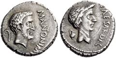 ROMAN REPUBLICAN COINS Mark Antony and Julius Caesar, 43 BC. Denarius (Silver, 16mm, 4.08 g 10), mint traveling with Antony in Gallia Transalpina and Cisalpina. M.ANTON.IMP Bare head of Marc Antony to