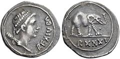 ROMAN IMPERIAL COINS KINGS of MAYRETANIA, Juba II, 25 BC-AD 24. Denarius (Silver, 18mm, 2.94 g 5), Caesarea, regnal year XXXI = 31 = AD 6. REX IVBA Diademed bust of Juba to right, with slight drapery 