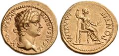 ROMAN IMPERIAL COINS Tiberius, 14-37. Aureus (Gold, 19mm, 7.76 g 8), Lugdunum, late 20s - early 30s. TI CAESAR DIVI AVG F AVGVSTVS Laureate head of Tiberius to right. Rev. PONTIF MAXIM Female figure (