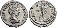 ROMAN IMPERIAL COINS Geta, as Caesar, 198-209. Denarius (Silver, 17mm, 3.06 g 12), Laodicea ad Mare, 202-203. P SEPTIMIVS GETA CAES Bareheaded and draped bust of Geta to right. Rev. MARTI VICTORI Mars