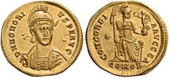 ROMAN IMPERIAL COINS Honorius, 393-423. Solidus (Gold, 20mm, 4.52 g 6), Constantinople, 403-408. D N HONORIVS P F AVG Helmeted, diademed and cuirassed bust of Honorius facing, holding spear over his r