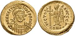 BYZANTINE AND MEDIEVAL COINS Anastasius I, 491-518. Solidus (Gold, 19mm, 4.48 g 6), Constantinople, 491-498. DN ANASTA-SIVS PP AVC Helmeted and cuirassed bust of Anastasius 3/4 facing to right, holdin