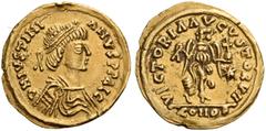 BYZANTINE AND MEDIEVAL COINS Justinian I, 527-565. Tremissis (Gold, 13mm, 1.48 g 6), of curious style, almost certainly Ostrogothic in origin, Milan (?). D N IVSTINI-ANVS P P AIC Diademed, draped and 