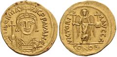 BYZANTINE AND MEDIEVAL COINS Maurice Tiberius, 582-602. Solidus (Gold, 20mm, 4.47 g 6), Carthage, year 1 = 582. dN TIB'R mAV-RIC P P AV AN A Crowned and armored bust of Maurice facing, holding globus 