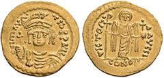 BYZANTINE AND MEDIEVAL COINS Maurice Tiberius, 582-602. Solidus (Gold, 21mm, 4.48 g 6), Constantinople, 10th officina, 583-602. dN mAVRC TIb PP AVI Draped and cuirassed bust of Maurice facing, wearing
