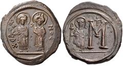 BYZANTINE AND MEDIEVAL COINS Maurice Tiberius, with Constantina and Theodosius, 582-602. Follis or 40 nummi (Bronze, 32mm, 15.38 g 7), Cherson, 596-602. Χ'ΡCω - ΝΟC Nimbate figures of Maurice Tiberius