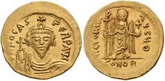 BYZANTINE AND MEDIEVAL COINS Phocas, 602-610. Solidus (Gold, 21mm, 4.50 g 6), Constantinople, 607-609. d N FOCAS PERP AVC Draped and cuirassed bust of Phocas facing, wearing crown and holding a globus