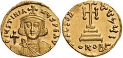 BYZANTINE AND MEDIEVAL COINS Justinian II, first reign, 685-695. Solidus (Gold, 18mm, 4.41 g 6), Constantinople, 687/8. D IUSTINIA-NUS PE AV Crowned and bearded bust of Justinian II facing, with a cro