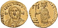BYZANTINE AND MEDIEVAL COINS Justinian II, first reign, 685-695. Solidus (Gold, 17mm, 4.35 g 7), Constantinople, 692-695. IhS CRISTDS REX REGNAN[TIuM] Draped bust of Christ facing, with long hair and 