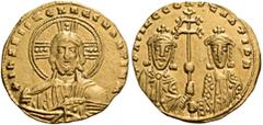 BYZANTINE AND MEDIEVAL COINS Basil II Bulgaroktonos, with Constantine VIII, 976-1025. Histamenon nomisma (Gold, 20mm, 4.37 g), Constantinople, 989-1001. +IhS XIS REX REGNANTIhM Bust of Christ Pantocra