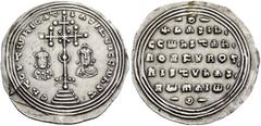 BYZANTINE AND MEDIEVAL COINS Basil II Bulgaroktonos, with Constantine VIII, 976-1025. Miliaresion (Silver, 30mm, 2.88 g 12), Constan­tinople, 989-1025. En TOVTω nICA T' bASILEI C CωnST' Patri­archal c