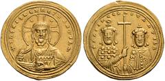 BYZANTINE AND MEDIEVAL COINS Basil II Bulgaroktonos, with Constantine VIII, 976-1025. Histamenon (Gold, 19mm, 4.42 g 6), Constantinople, 1005-1025. +IhS XIS REX REGNANTIhM Bust of Christ Pantocrator f